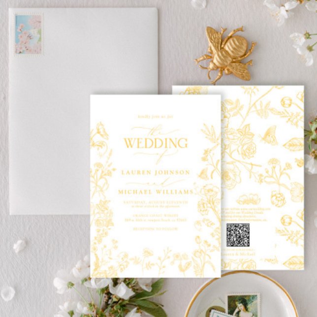 Elegant QR Code Gold Chinoiserie Floral Wedding Invitation (Creator Uploaded)