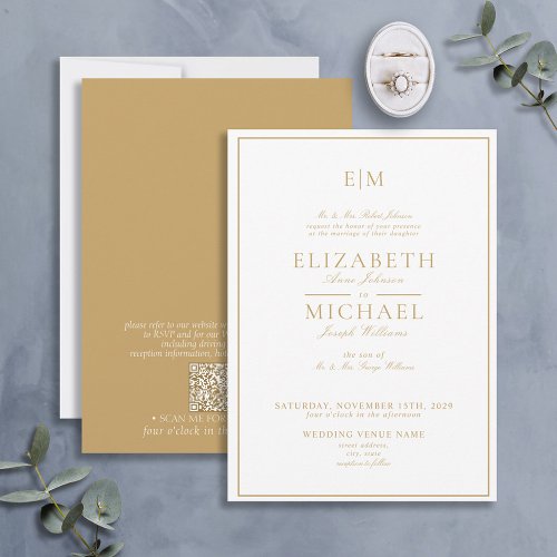 Elegant QR Code Gold Classic Monogram Wedding Invitation