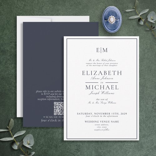 Elegant QR Code Navy Blue Classic Monogram Wedding Invitation