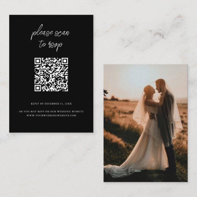 Elegant QR Code Photo Black Wedding RSVP Enclosure Card (Front/Back)
