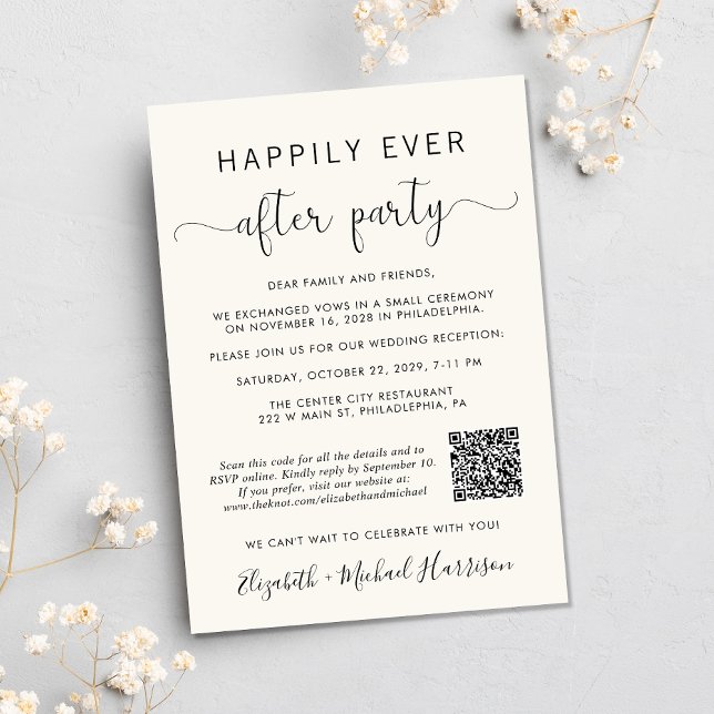 Elegant QR Code Photo Cream Wedding Reception Invitation (Input your wedding website address to create a scannable QR code)