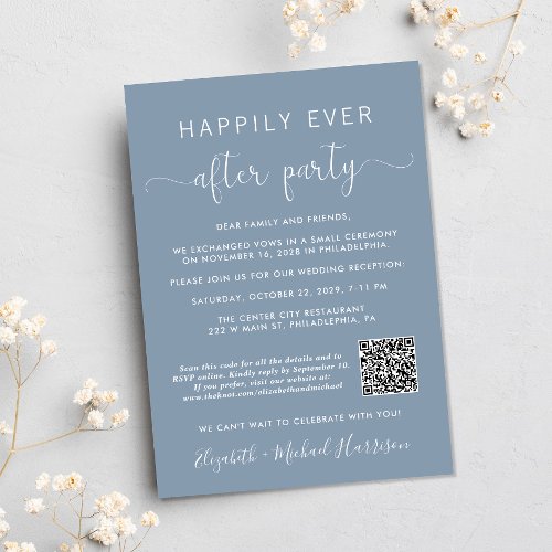 Elegant QR Code Photo Dusty Blue Wedding Reception Invitation