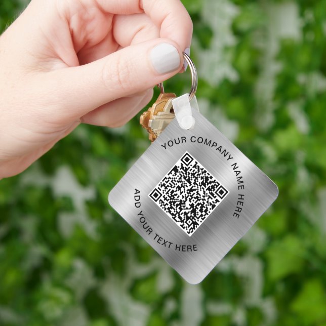 Elegant QR Code Promotional Silver Keychain (Hand)