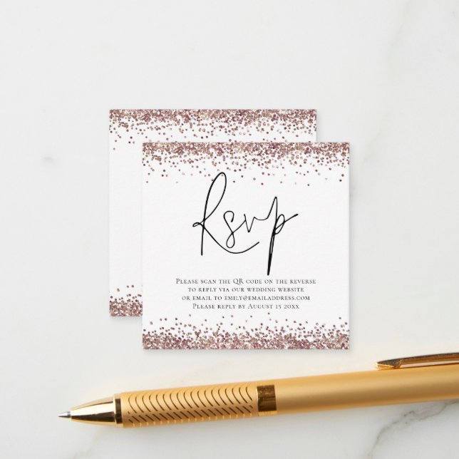 Elegant QR Code Rose Gold Glitter Wedding RSVP Enclosure Card (Front/Back In Situ)