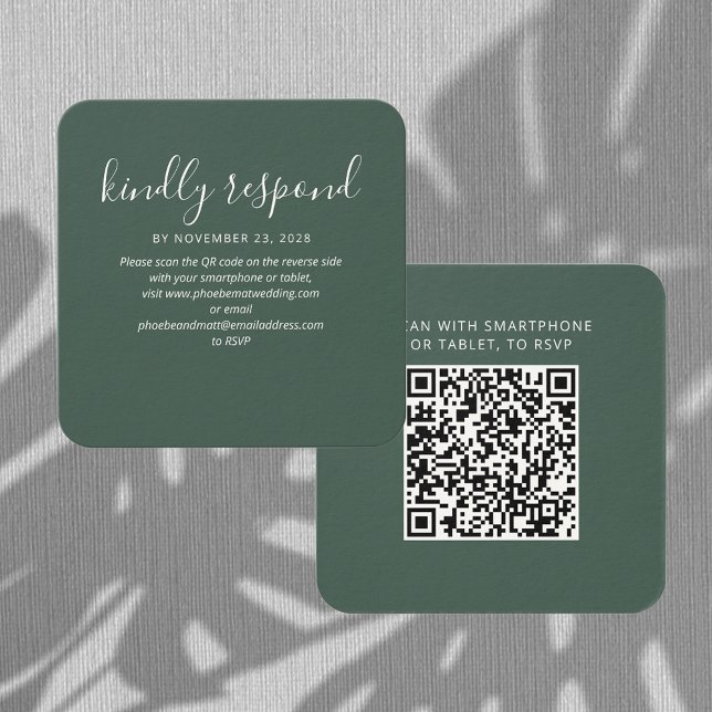Elegant  QR Code RSVP and Wedding Website Card (Wedding RSVP QR Code Enclosure Rounded Corner Green Card)