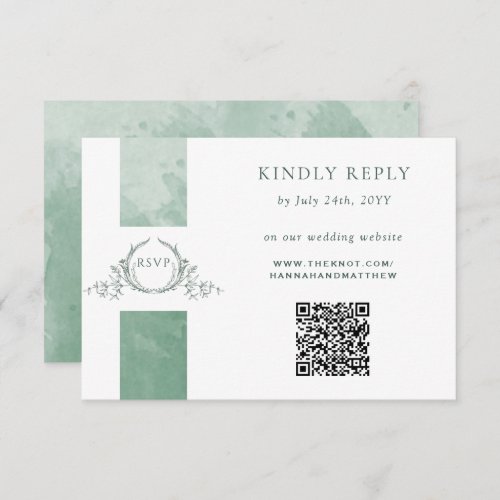 Elegant QR Code RSVP Green Monogram Wedding Enclosure Card
