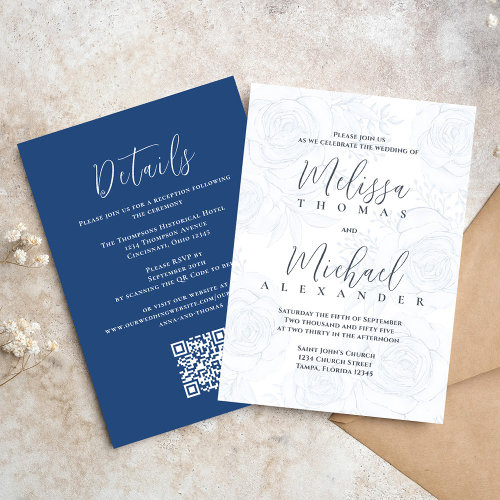 Elegant QR Code RSVP Online Dusty Blue Floral Invitation