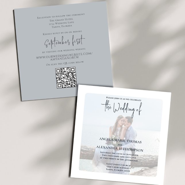 Elegant QR Code RSVP Online Simple Light Grey Invitation (Elegant photo Light Grey wedding invitation with a scannable QR code.)