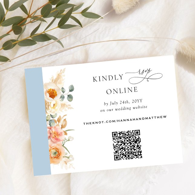 Elegant QR Code RSVP Peach and Blue Wedding Enclosure Card (Creator Uploaded)