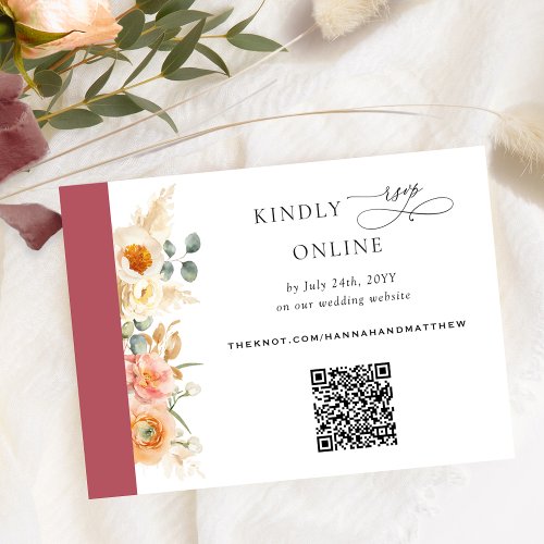 Elegant QR Code RSVP Peach and Burgundy Wedding Enclosure Card