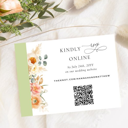Elegant QR Code RSVP Peach and Green Wedding Enclosure Card