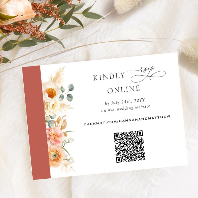 Elegant QR Code RSVP Peach and Rust Orange Wedding Enclosure Card (Creator Uploaded)