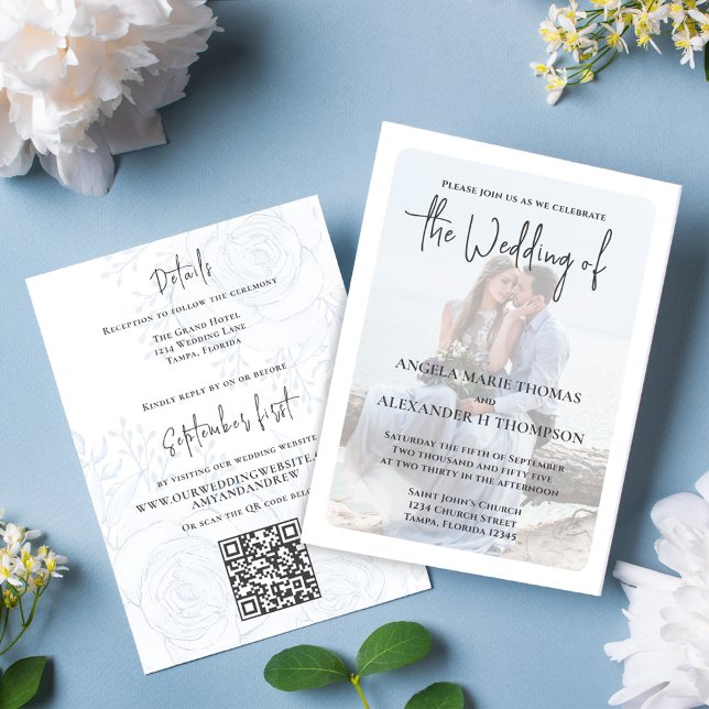 Elegant QR Code RSVP Photo Blue Floral Simple Invitation (Simple elegant Photo wedding invitation with a QR code for rsvp, template. )
