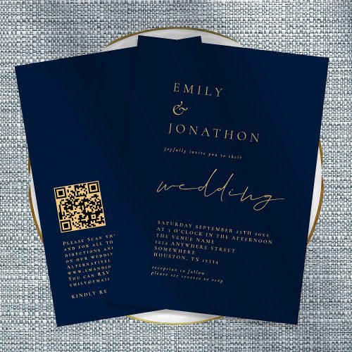 Elegant QR Code Script Navy Gold Wedding Invitatio Invitation