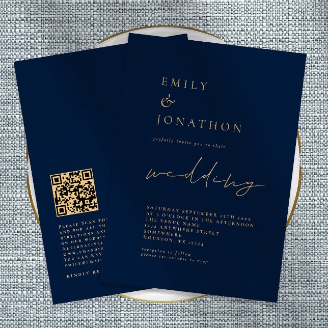 Elegant QR Code Script Navy Gold Wedding Invitatio Invitation (Creator Uploaded)