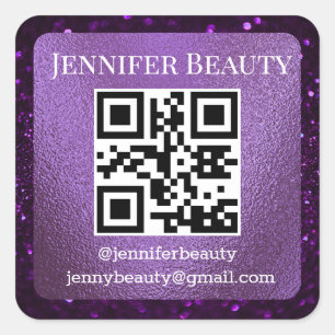 elegant qr code small business purple glitters  square sticker