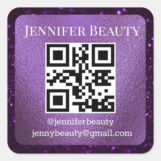  elegant qr code small business purple glitters  square sticker (Front)