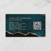 Elegant QR Code Teal Green Marble Agate Geode Business Card (Back)