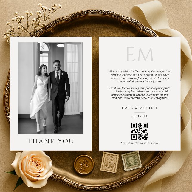 Elegant QR Code Wedding Photo Monogram Thank You Card (Creator Uploaded)