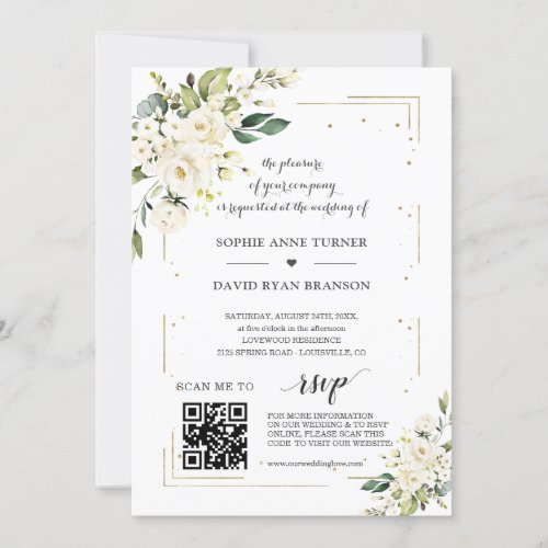 Elegant QR Code White Flowers Gold Wedding  Invitation