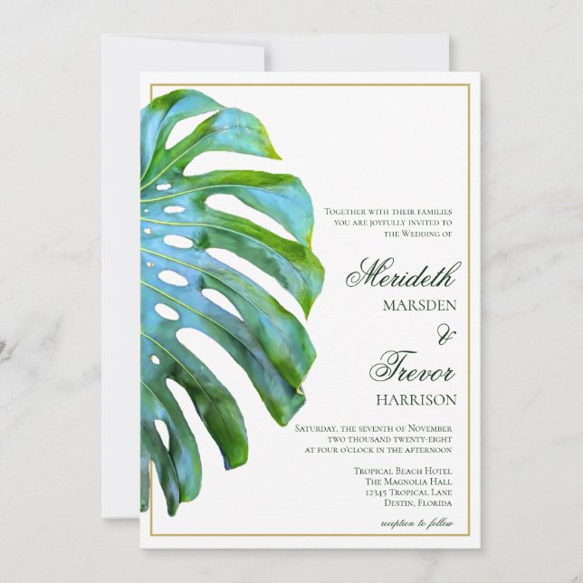 Elegant QR Tropical Monstera Leaf Gold Photo Beach Invitation (Front)