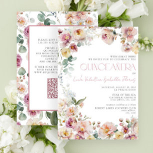 Elegant QR Vintage Blush Pink Floral Quinceañera  Invitation