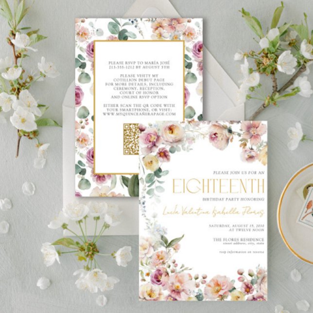 Elegant QR Vintage Pink Gold Floral Eighteenth  Invitation (Creator Uploaded)
