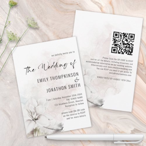 Elegant QR White Florals Watercolor Wedding Invitation