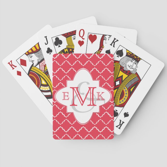 Elegant Quatrefoil Monogram - Red White Poker Cards (Back)