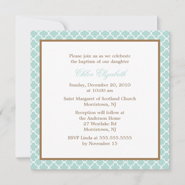 Elegant Quatrefoil Pattern Baby Christening Invitation (Front)