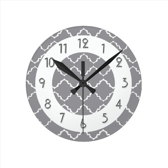Elegant Quatrefoil Pattern Gray White Round Clock