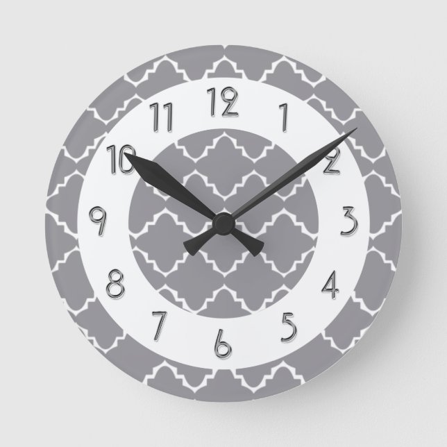 Elegant Quatrefoil Pattern - Gray White Round Clock (Front)