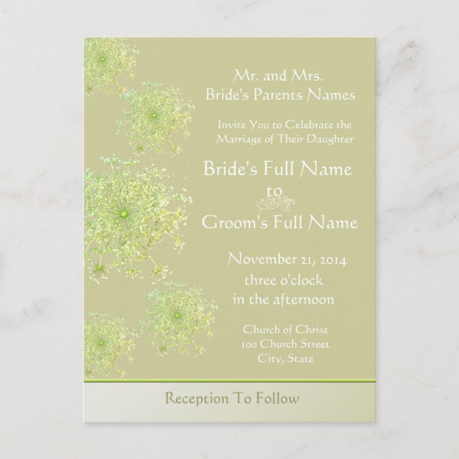 Elegant Queen Anne's Lace  Wedding Invitation Postcard (Front)