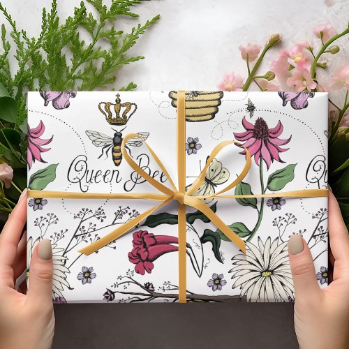 Elegant Queen Bee and Flowers Drawing in Black Ink Wrapping Paper