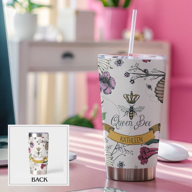 Elegant Queen Bee Best Mom Ever Personalized Insulated Tumbler (Chic Royal Queen Bee & Gold Crown Hand-Drawn Pattern.
2 Custom Texts: 
Name (Front) 
Message (Back))