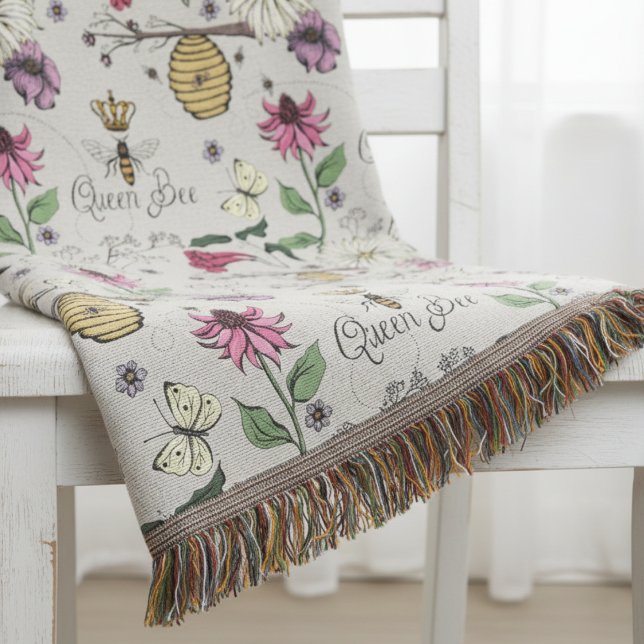Elegant Queen Bee Floral Throw Blanket (Elegant Nature Hand Drawn Botanical Bee Blankets. Pretty Queen Bee Wildflower Floral Pattern)