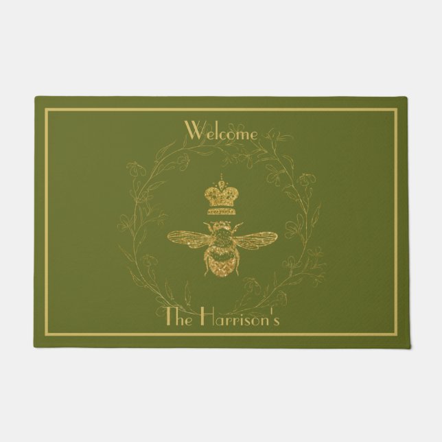 Elegant Queen Bee Leaf Wreath Door Mat (Front)