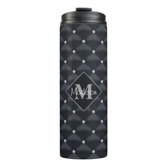 Elegant Quilted Black & Bling Personalized Thermal Tumbler (Front)