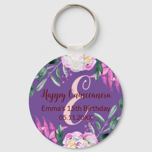 Elegant Quinceanera 15 birthday party favor floral Keychain