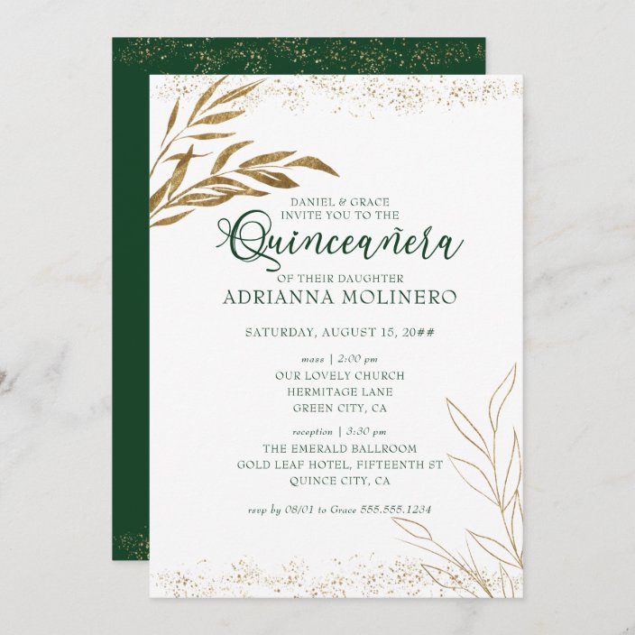 Elegant Quinceanera and Mass Green and Gold Leaf Invitation | Zazzle.com