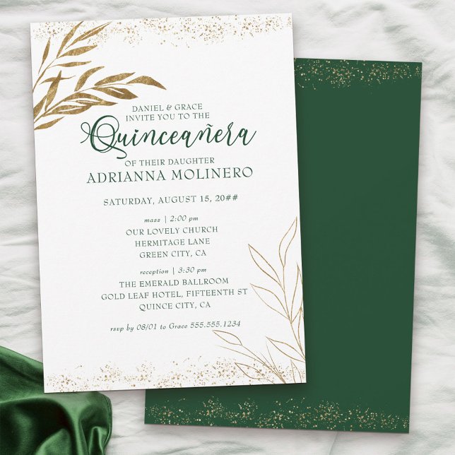 Elegant Quinceanera and Mass Green and Gold Leaf Invitation (Emeral Green White & Gold Invitation to Quinceanera and Church Ceremony)