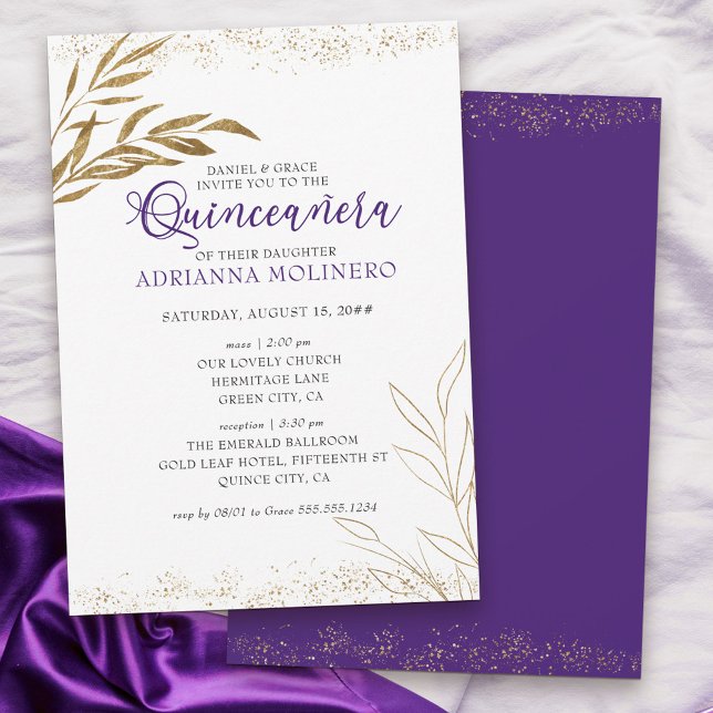 Elegant Quinceanera and Mass Purple and Gold Leaf Invitation (Elegant invitation to Quinceanera & church blessing white, purple and gold - my Gold Leaf Collection)