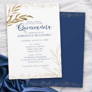 Elegant Quinceanera and Mass Royal Blue Gold Leaf Invitation