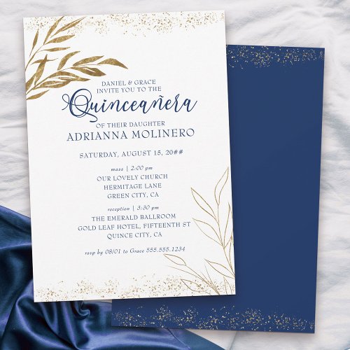 Elegant Quinceanera and Mass Royal Blue Gold Leaf Invitation