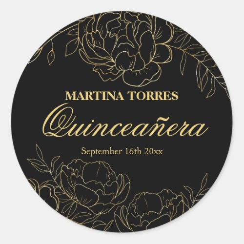Elegant Quinceanera Black and Gold Floral Sticker