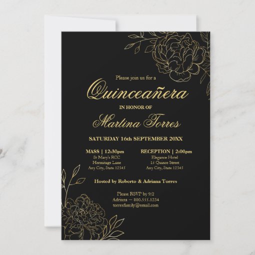 Elegant Quinceanera Black and Gold Sketch Floral Invitation | Zazzle