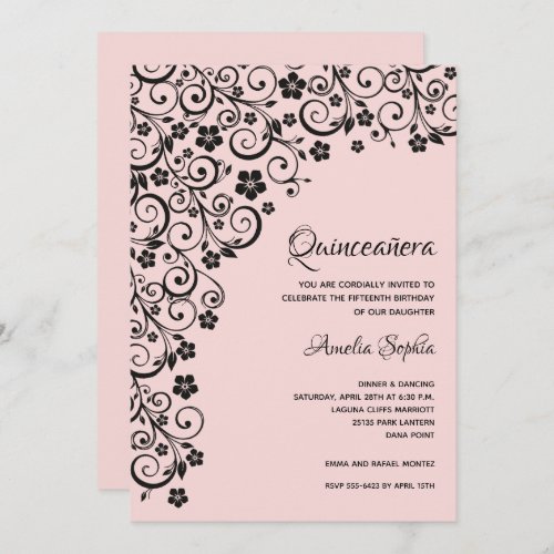 Elegant Quinceaera Black and Pink Invitation