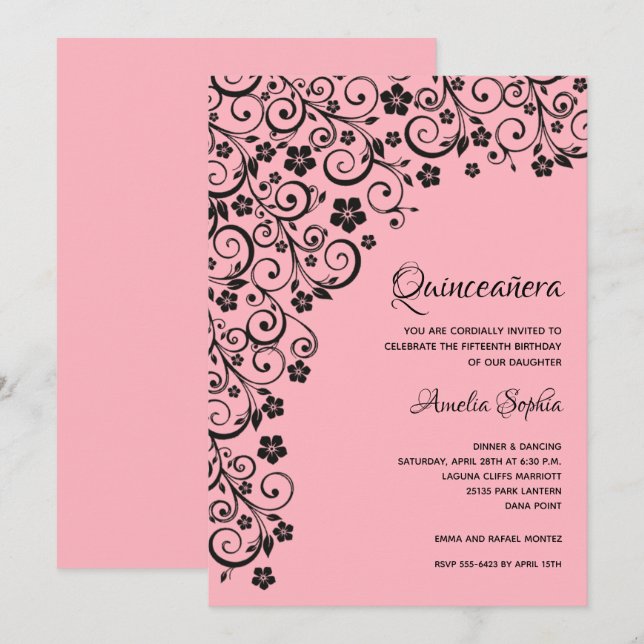 Elegant Quinceañera Black and Pink Invitation (Front/Back)