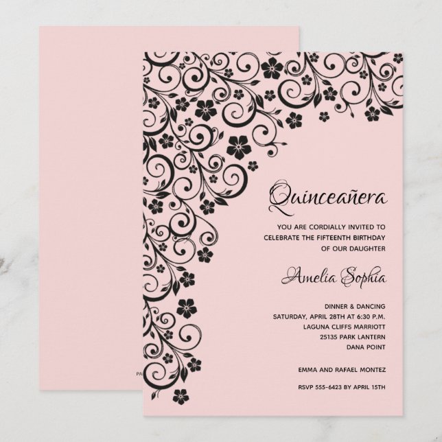 Elegant Quinceañera Black and Pink Invitations (Front/Back)