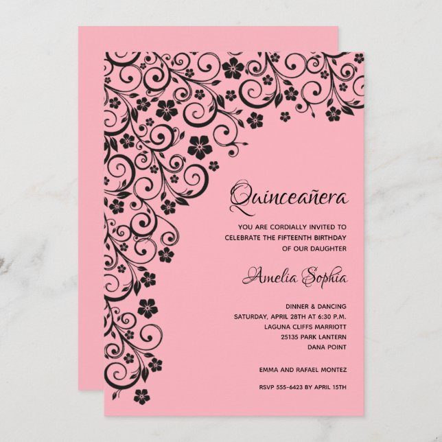 Elegant Quinceañera Black and Pink Invitations (Front/Back)